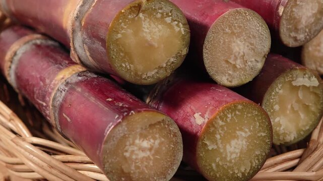 video of close-up of fresh sugarcane.	