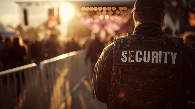 Event security, security guard on duty at an event, such as a concert or a crowded venue on a sunlit background. 