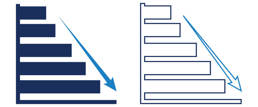 Vector set of blue solid and outline horizontal bar charts with downward arrows representing business decline economic recession and negative trends.