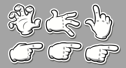 Fototapeta premium Cartoon Hand Gesture Stickers Set with Open Hands and Pointing Fingers on Grey Background