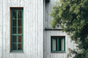 Fototapeta premium A charming wooden house featuring vibrant green windows, surrounded by lush trees, illuminated beautifully in the warm glow of daylight