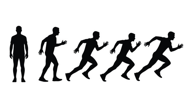 A series of five human figures depicts progressive motion transitioning from standing to running a striking silhouette high quality