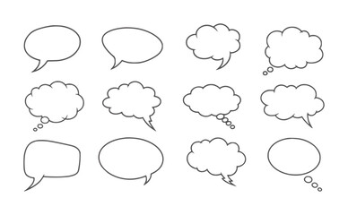 Fototapeta premium Collection of ten empty black and white speech bubbles in various shapes outlines