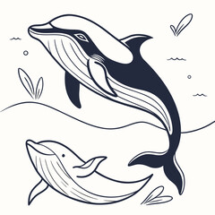 Fototapeta premium Whale and orca jumping, ocean waves, marine mammals, stylized aquatic creatures art, playful interaction, nature illustration