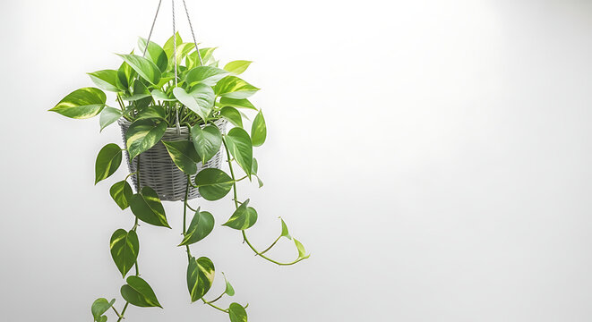 Pothos plant in hanging basket with green leaves against white background  