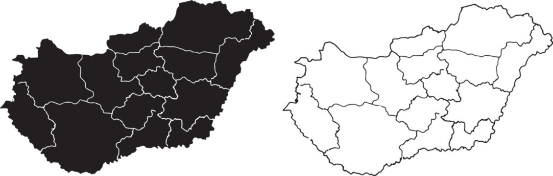 Hungary map with regions and black outline on white background