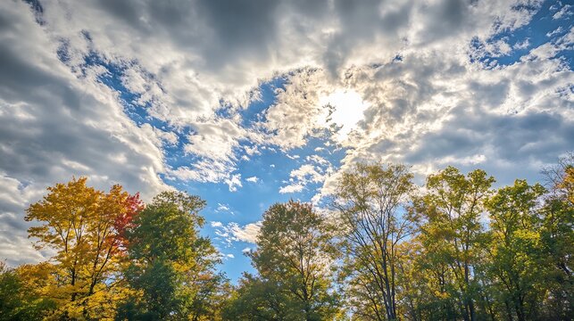 Vibrant autumn scene with colorful leaves swirling in a crisp breeze under a partly cloudy sky Sunlight breaks through casting a warm glow capturing the beauty of a breezy fall afternoon