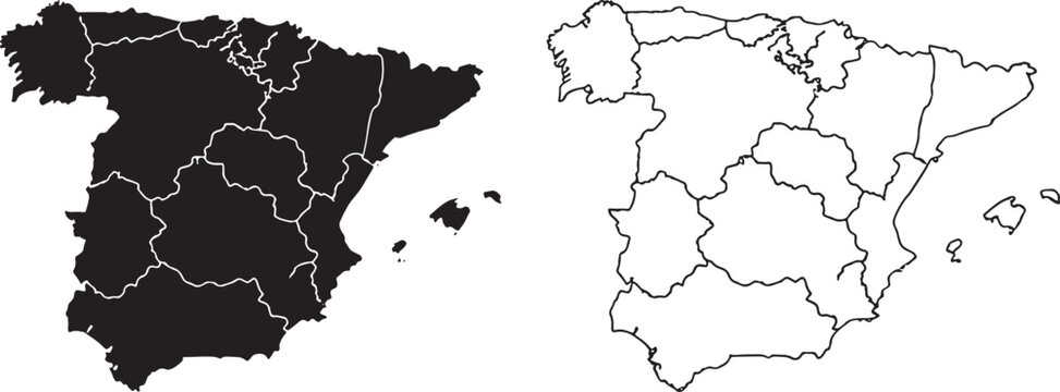 Spain country map with regions and outline on white background