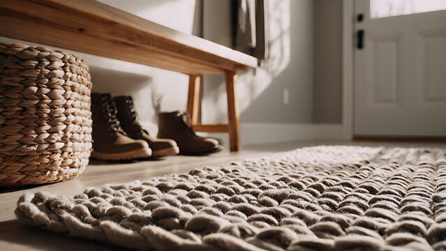 Cozy entryway with a woven rug, wicker basket, and boots, creating a warm and inviting atmosphere for a home's welcome space