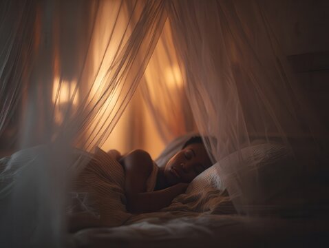woman sleeping peacefully under mosquito net canopy