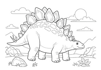 Cute stegosaurus dinosaur coloring page for kids, featuring a friendly prehistoric creature in a natural landscape with mountains, clouds, and sun, line art illustration © Hikari Vector Studio