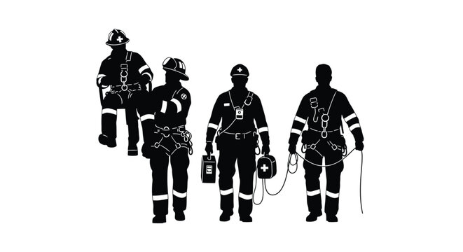 Silhouette of a rescue team with safety equipment, including a rescuer being lowered, a team member with a medical kit, and others with ropes and gear, professional emergency response concept