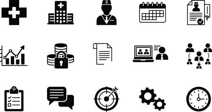 Collection of business and medical icons in black and white
