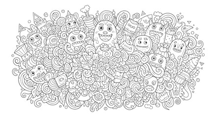 Doodle monsters coloring page, funny cartoon characters, vector illustration, black and white line art, hand drawn style, abstract background, creative design for kids, coloring book for adults © Hikari Vector Studio