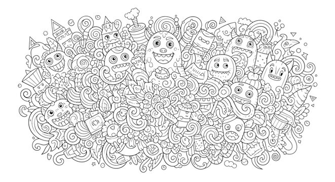 Doodle monsters coloring page, funny cartoon characters, vector illustration, black and white line art, hand drawn style, abstract background, creative design for kids, coloring book for adults