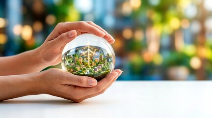 Hands holding a glass globe containing miniature plants and flowers 