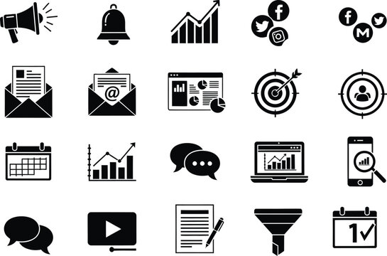 Collection of business and social media icons in black and white