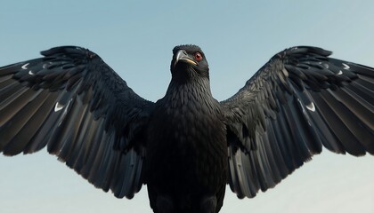 Obraz premium A powerful black bird with impressively spread wings confronts the viewer directly against a pale, minimalistic sky.