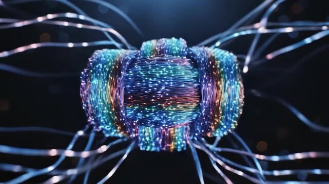 Vibrant fiber optic cables intersecting on dark background with bokeh lights, representing data transfer and connectivity.