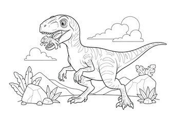 Coloring page for children with a cute dinosaur eating a small lizard in a prehistoric landscape with plants, rocks, and clouds © Hikari Vector Studio