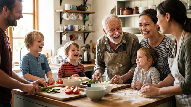 Happy family kitchen cooking multigeneration parent grandparent child laugh smile vegetable dough home interior togetherness