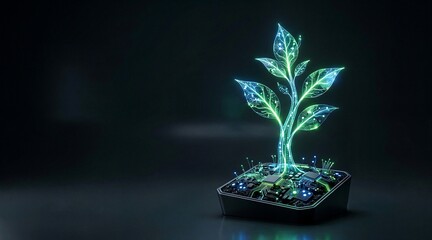 Futuristic plant growing from a technological base with glowing leaves 