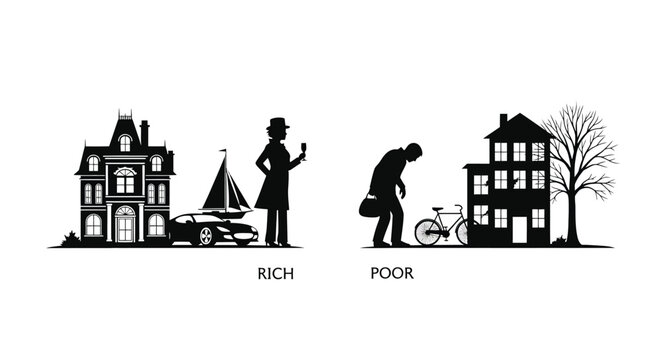 Comparison between rich and poor lifestyle, silhouette illustration of wealthy person with mansion, car and yacht versus impoverished person with small house and bicycle