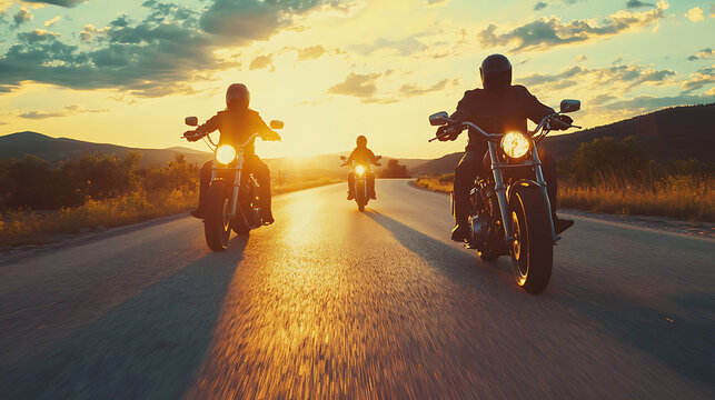 Three motorcyclists riding on a scenic road at sunset.