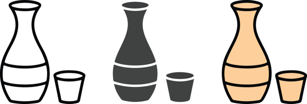 Set of minimalist sake bottle and cup icons in outline silhouette and colorful blue flat vector Japanese rice wine styles.