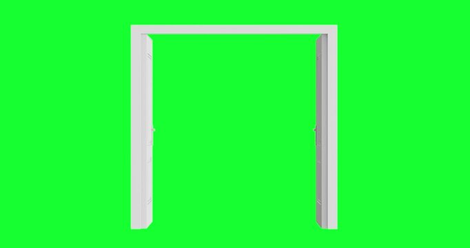 Open double door animation for composite. White panel doors with handles and frame open wide on a green screen. This practical visual effect is for motion graphics and video editing.