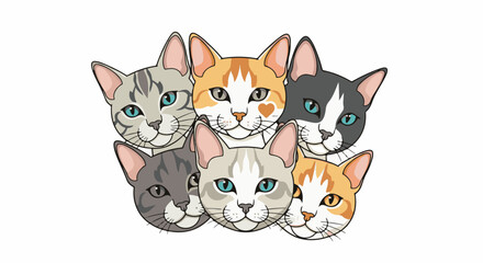Obraz premium Six cute cartoon cats with varying patterns and blue eyes peek into the frame