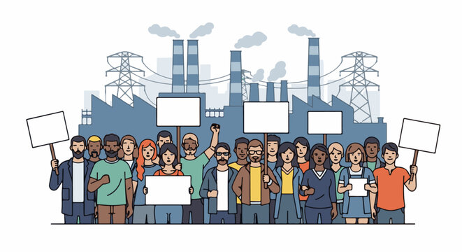 Diverse crowd holding blank signs protests industrial complex