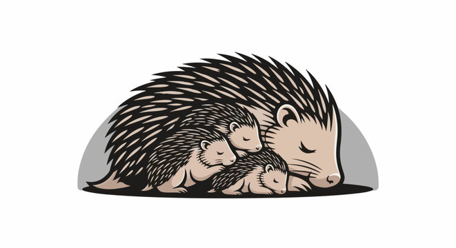 A stylized illustration depicts a family of hedgehogs sleeping peacefully, nestled together