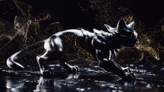 Shiny metallic cat, dynamic pose with golden particles, dark background, cinematic lighting, symbolizing power and elegance.