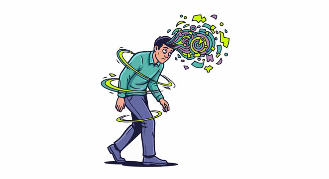 A man looks startled as abstract, colorful shapes erupt from his head