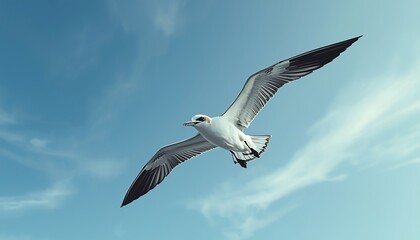 Fototapeta premium A graceful white seagull is captured in elegant flight with wings fully extended against a serene light blue sky.