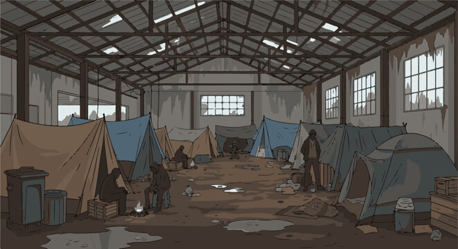 A dilapidated shelter with makeshift tents, reflecting hardship and survival