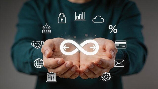 Businessman hands holding glowing infinity loop with floating financial icons representing digital economy fintech banking cloud computing data security global trade and