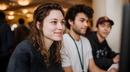 Obraz premium A young diverse group of students collaborating on a computer with one woman smiling in a bright and casual indoor setting
