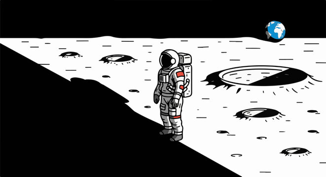 Lone astronaut on barren moonscape with Earth visible in the sky