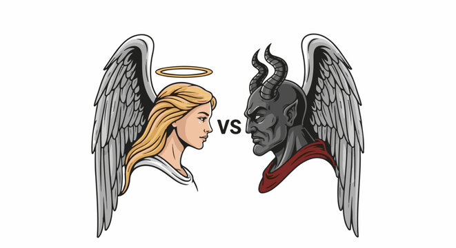 Winged figures, one angelic with halo, the other demonic with horns, facing off