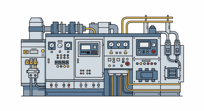 Complex industrial machinery with various controls, meters, pipes, and conduits, rendered in a flat, stylized aesthetic