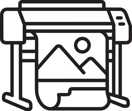 Outline vector icon of large format printing machine representing digital multimedia physical production concept for modern ui design