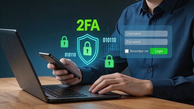 Man using laptop and smartphone with 2FA security login interface digital identity verification cyber protection secure authentication password protection online safety data