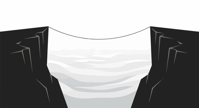 Two cliffs frame a misty chasm with a taut cable spanning the gap