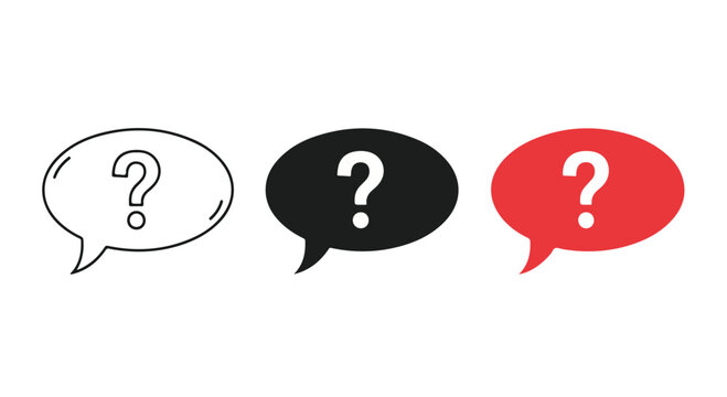 Flat lay of three speech bubbles with question marks in black, white, and red on a plain white background.