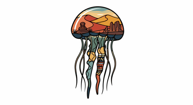 Stylized jellyfish with desert landscape inside bell and patterned tentacles