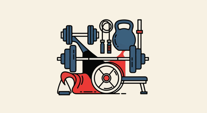 Flat illustration of gym equipment barbells, kettlebell, jump rope, weights, bench, and towel