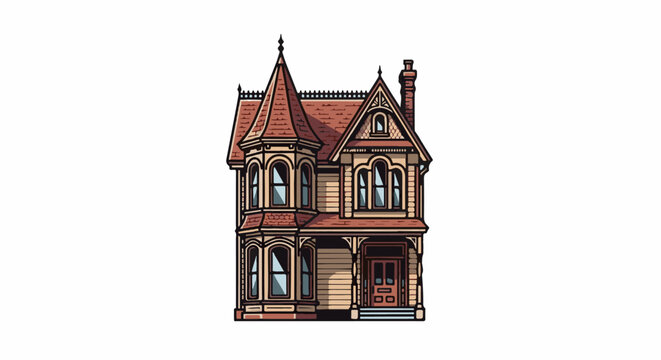 A pixelated, ornate Victorian house with a tall turret and red roof