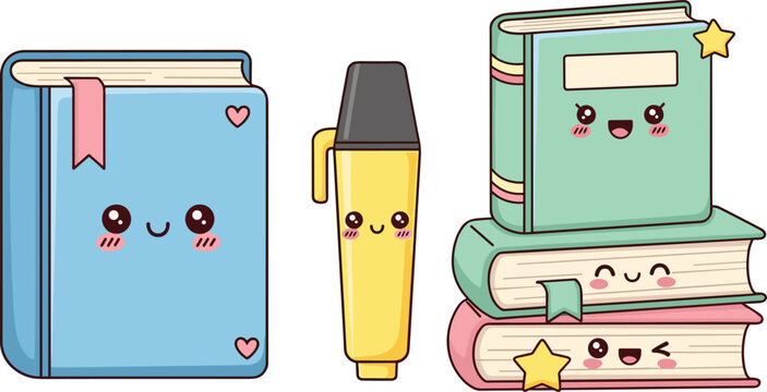 Kawaii Cute Books, Pen, and Stationery Set with Smiling Faces and Colorful Designs, Ideal for Education, Office, and School Themes